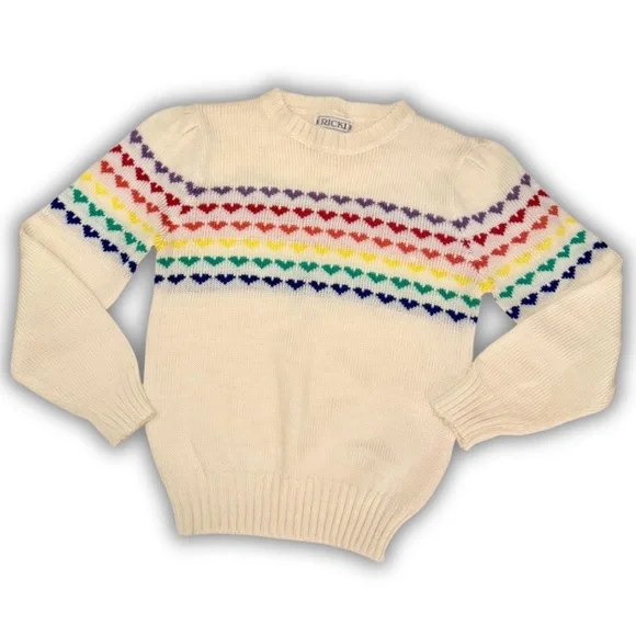 Vintage Cream Knit Sweater, Multicolor Heart Pattern, Sm, 80s Fall - Picture 7 of 9
